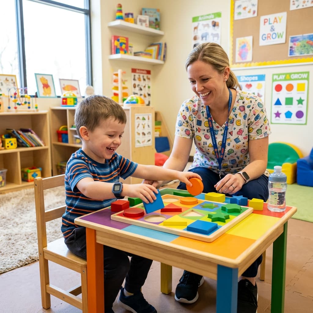 Intellectual Disability - child learning shapes and patterns with a developmental therapist, Kurnool